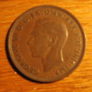 1946 ONE PENNY GEORGIVS V D: G: BR: OMN: REX F: D: IND: IMP COIN